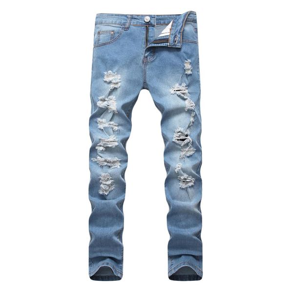 

2019 spring new men ripped jeans slim fit sky blue multiple hole denim hip hop casual male destroyed trousers button fly pants