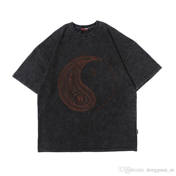 

chinese element cashew embroidery retro washed tshirts men and women short sleeve oversize t shirt o neck hip hop tees, White;black