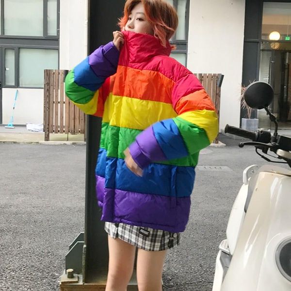 

women winter rainbow striped cotton jackets pockets thick padded coats loose casual harajuku warm parkas, Black
