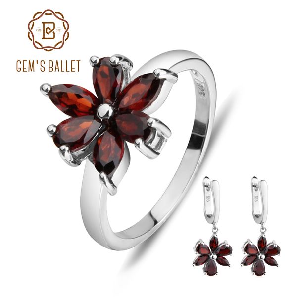 

gem's ballet 4.16ct natural red garnet flowers gemstone jewelry set 925 sterling silver earrings ring set for women fine jewelry, Black