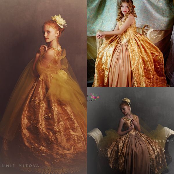 

stunning gold metallic lace gown girls dress jewel neck a line satin print lace 3d floral appliqued girls pageant dress custom made, White;blue