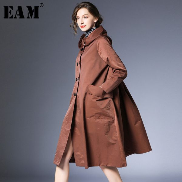 

eam] women double breasted pocket pleated trench new hooded long sleeve loose fit windbreaker fashion autumn winter 2019 1a661, Tan;black
