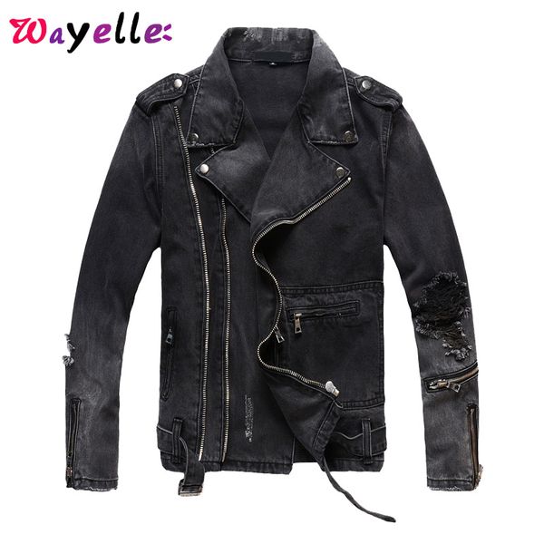 

2019 new fashion men's teens black hole slim denim jackets with multi zippers streetwear motorcycle biker jackets coats, Black;brown