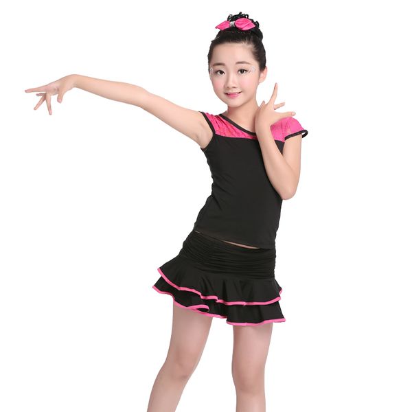 

girls kids short sleeve spandex lace splice latin dance skirt suits children ballroom modern dance costumes, Black;red