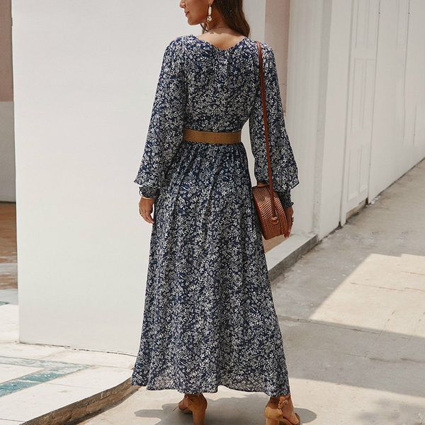 

AprilGrass Brand Designer Nadafair Vintage Floral Maxi Dress Long A-Line Split Lantern Long Sleeve Elegant Retro Boho Dress Women Vestidos