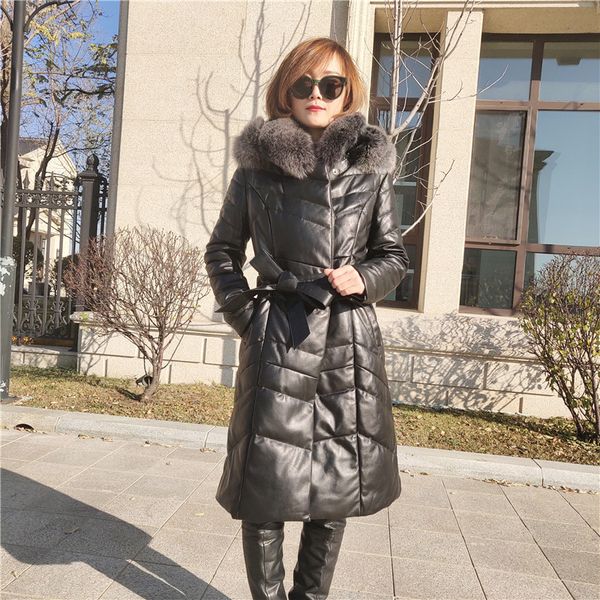 

leather jacket women winter sheepskin real fur collar hooded duck down coat leather jacket women chaqueta mujer kdjs0 yy492, Black