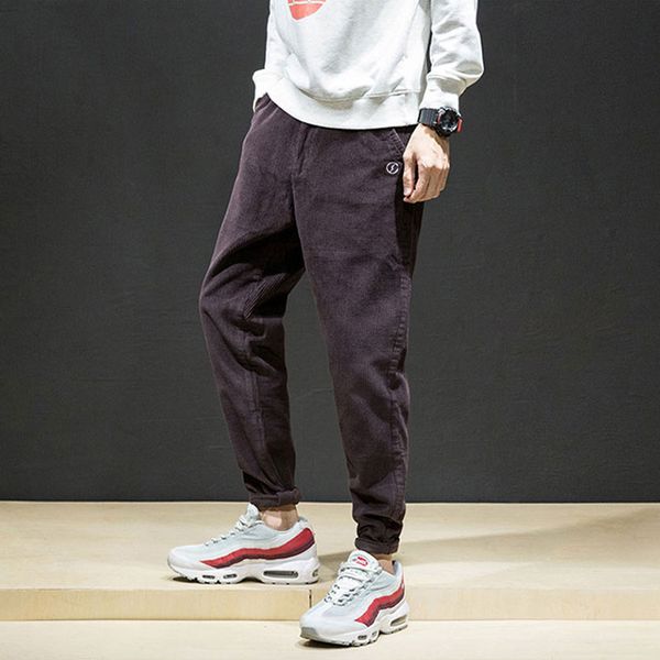 

newly vintage fashion men casual pants loose fit corduroy harem trousers size 28-42 wine red designer hip hop pencil pants men, Black