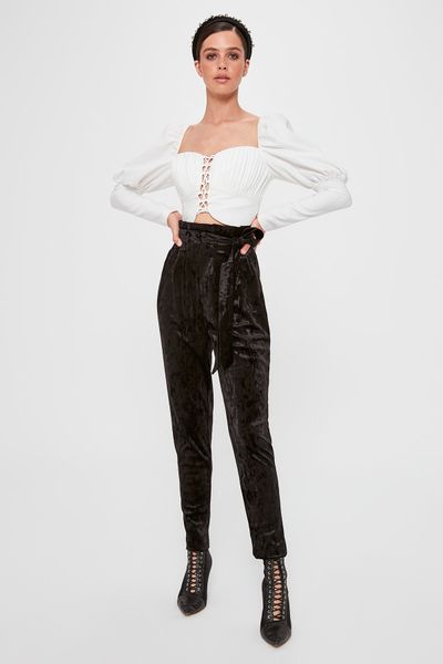 

trendyol paper bag velvet pants tpraw20pl0165, Black;white