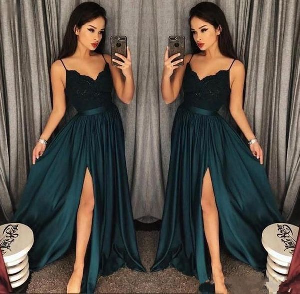 

Arabic 2019 Elegant Blackish Green A-Line Prom Dresses Cutout Side Slit Lace Top Sexy Sweep Train Formal Evening Gowns Party Dress, Black