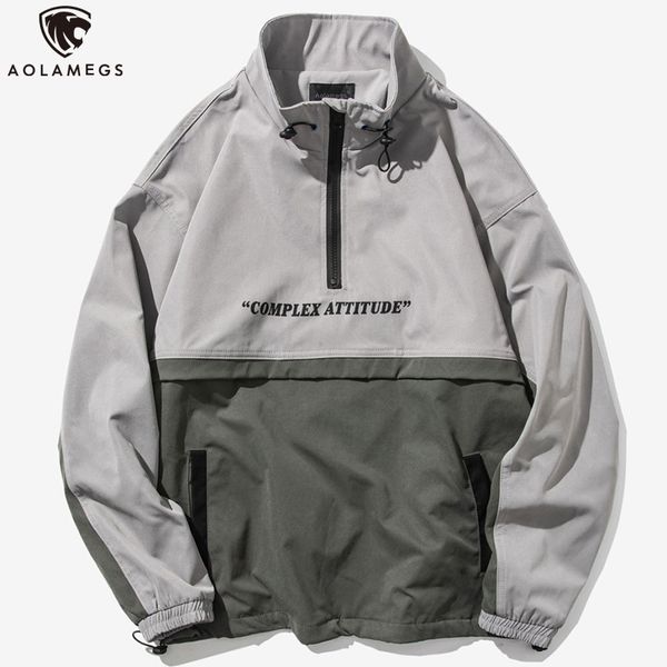

aolamegs men sweatshirts japanese retro casual pullovers patchwork color stand collar long sleeve jacket spring streetwear, Black