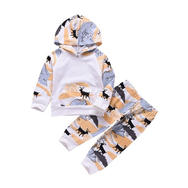 

2019 spring autumn baby boy cartoon printing long sleeve hoodies and pants kit kid two-piece outfit set, White