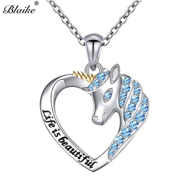

blaike 925 sterling silver filled unicorn lover heart pendant necklace for women "life is beautiful" zircon wedding party gifts