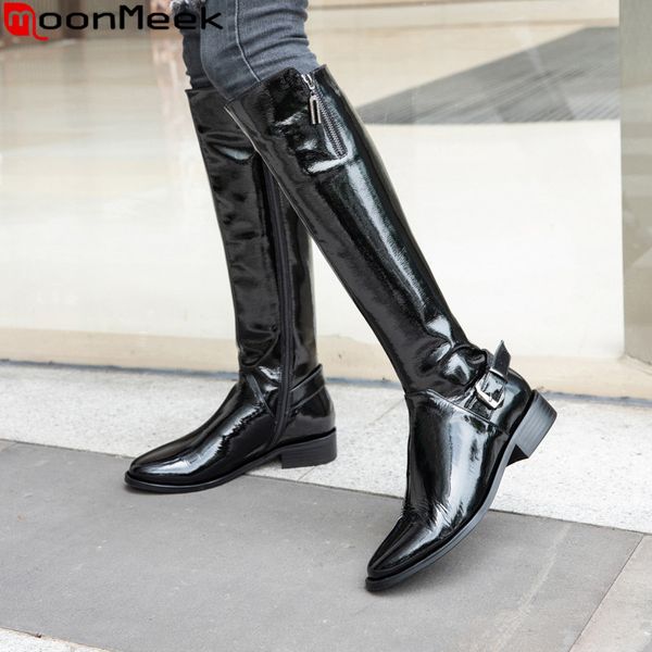 

moonmeek size 34-40 fashion pu+genuine leather boots round toe zip knee high boots med heels ladies autumn winter riding, Black