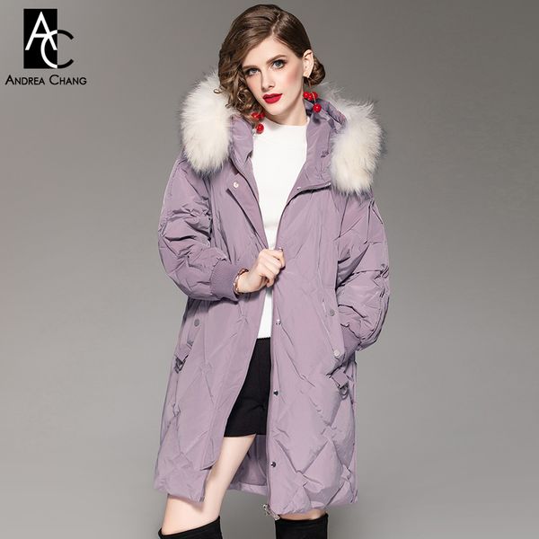 

autumn winter woman outwear white duck down fill coat with fur hood pockets fashion casual long beige lavender winter coat, Black