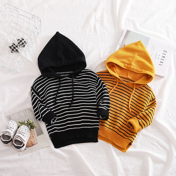 

knitted sweater 1pc new 2020 spring boys striped sweater with hood boys handsome spring autumn, Black