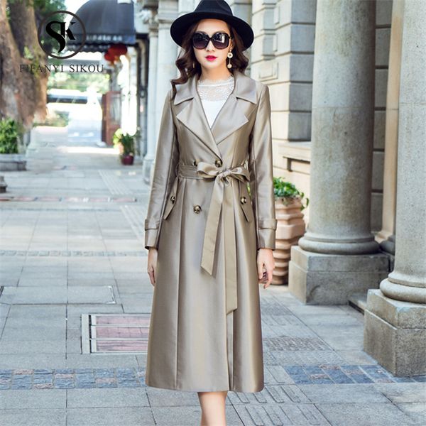 

fashion designer brand trench coat women classic double breasted belt long trench lady elegant business outerwear 2019 spring, Tan;black