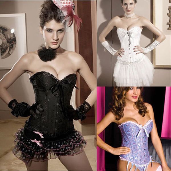 

women lace up bandage boned brocade overbust corset bustier waist training cincher, Black;white