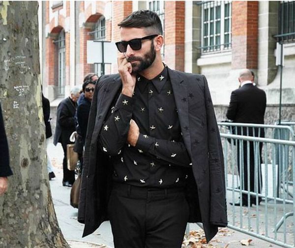 

personality and star men fashion hip long shirt american sleeve european nightclub rivet metal hair stylist hop pentagram shirt hchkj, Black