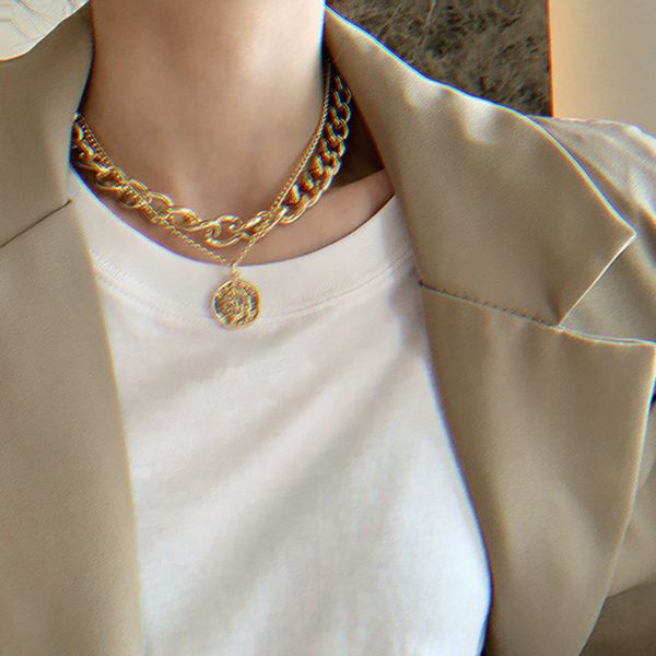 

pjx hip-hop necklace individuality tideway double-deck alloy choker electroplate exaggeration retro style portrait pendant, Silver