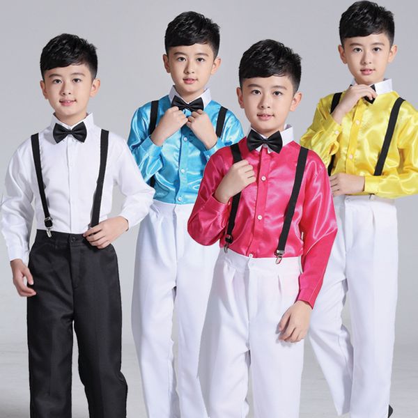 

children's jazz boy bib costume costume ballet chorus performance white shirt black pants small host stage performance, Black;red