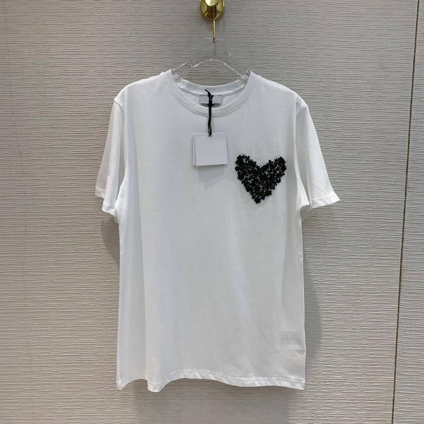 

2020 new runway design summer sweet beading heart pattern short sleeve tees for women white cotton casual loose t-shirt