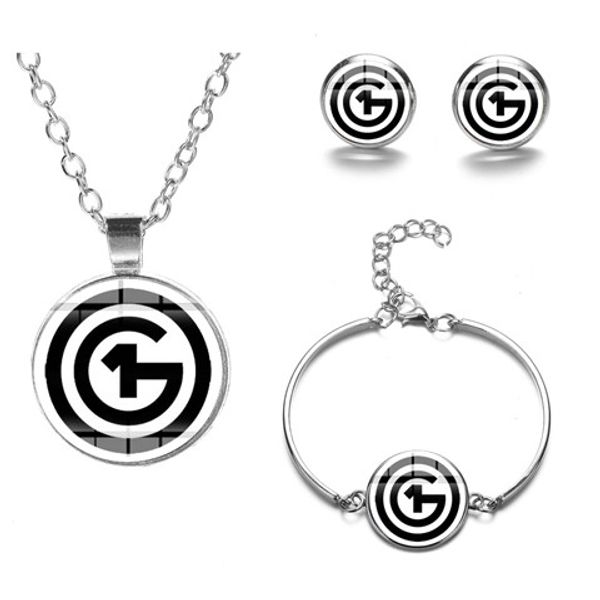 

hungary o1g jewelry sets handmade fashion print clear glass cabochon pendant necklace bracelet stud earrings set popular anime one jewelry, Slivery;golden