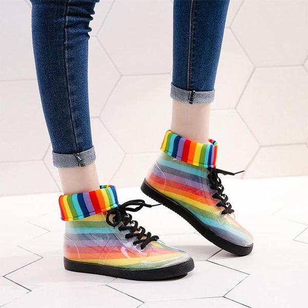 

women rain boots removable waterproof pu colorful ankle boots cover lace up shoes woman transparent rain shoes, Black