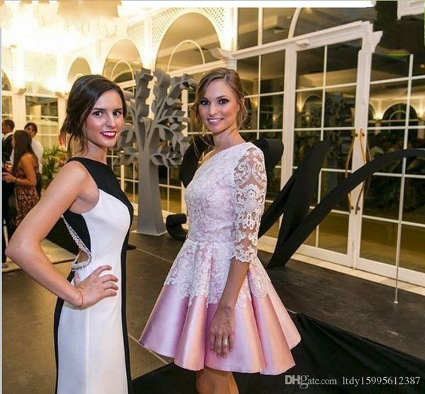

2019 new cocktail dresses one shoulder satin lace applique a line pleats short homecoming dresses prom party gowns custom made 1161, Black