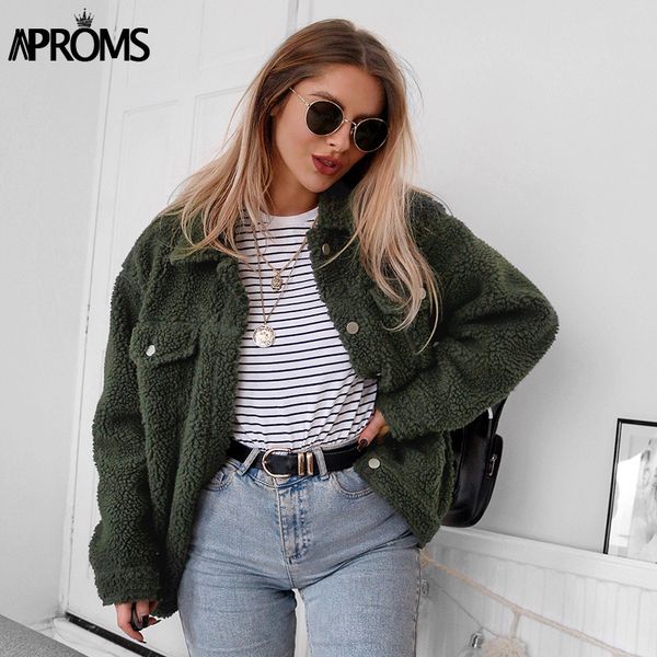 

aproms khaki oversized buttons jackets women winter fashion warm teddy coats autumn outerwear female green overcoats 2019, Black;brown