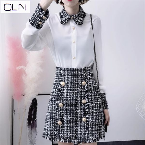 

spring summer elegant women 2 pieces set women tweed tassels chiffon shirt + gold double-breasted woolen pencil mini skirt, White