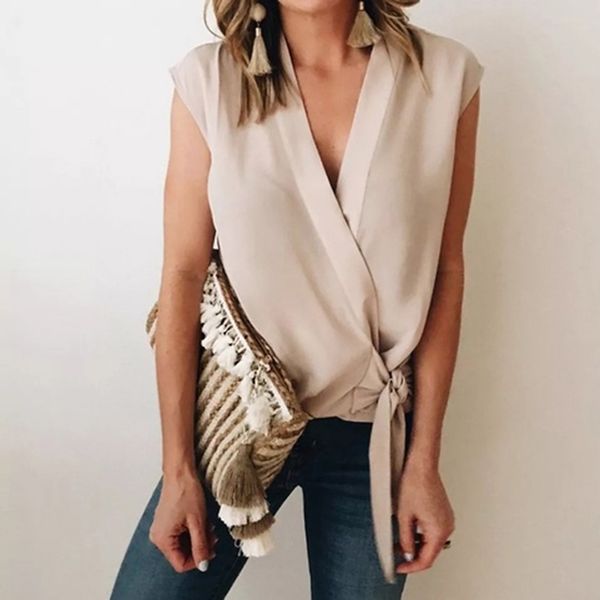 

solid deep v chiffon women blouse shirt summer short bow sleeveless blouse summer casual office streetwear top, White
