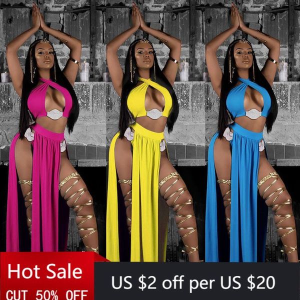 

2020 beach solid hanging neck split swimsuit bikini three piece swimming suit for women exotic dancewear yellow, White;black
