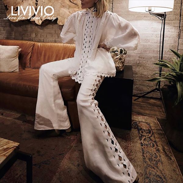 

livivio] повседневные твердые выдалбливают женщины комплект водолазка слоеный рукав топы тонкий широкие брюки из двух частей набор элегантн, White