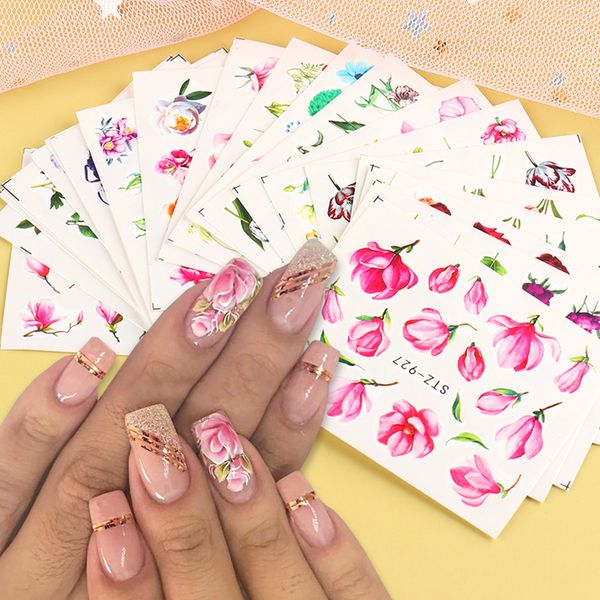 

24pcs/set flower rose nail sticker watercolor floral water transfer stickers summer slider manicure nail art decor decals chstz930-969, Black