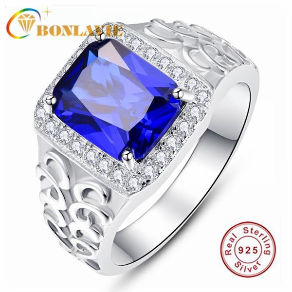 

bonlavie 925 sterling silver square sapphire blue zircon grain relief men's ring for wedding and engagement, Golden;silver