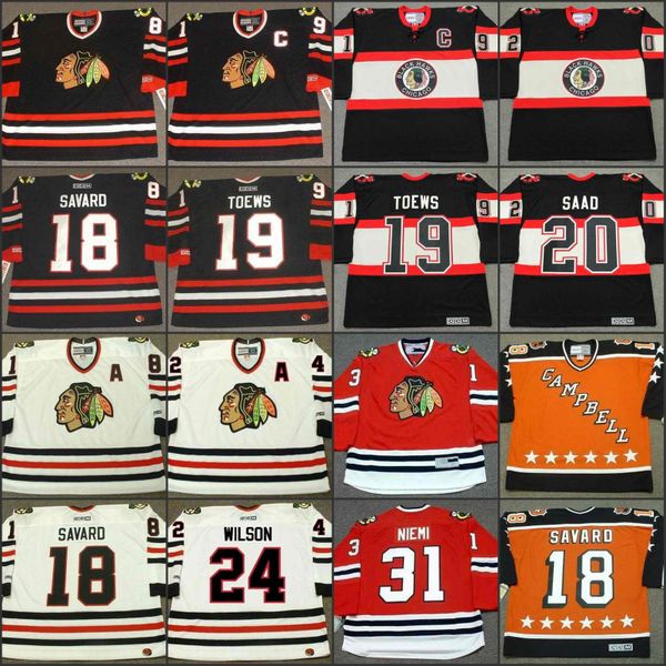 

18 denis savard 19 jonathan toews 20 brandon saad 24 doug wilson 31 antti niemi 1988 ccm джерси, Black;red