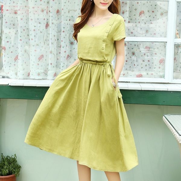 

Short Sleeve Cotton And Linen Dress Women Solid Color Slim Waist Drawstring O -Neck Vintage Style Mori Girl Women Dresses