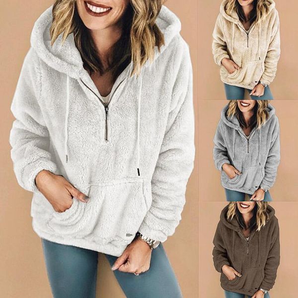 Frauen Sherpa Fleece Hoodie Kapuzenpullover Sweatshirt Langarm Reißverschluss Outwear Taschen Hoodies Plüsch Stehkragen Mantel Pullover LJJA3116