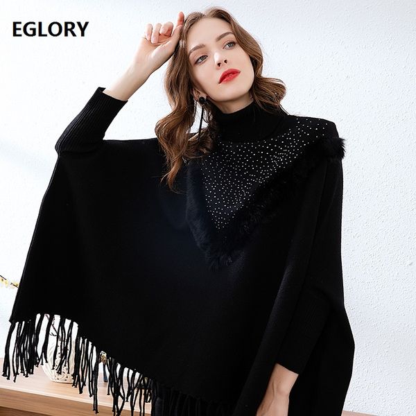 

turtleneck sweaters 2019 autumn winter casual pullovers women beading hair patchwork long sleeve cape sweaters female, Black