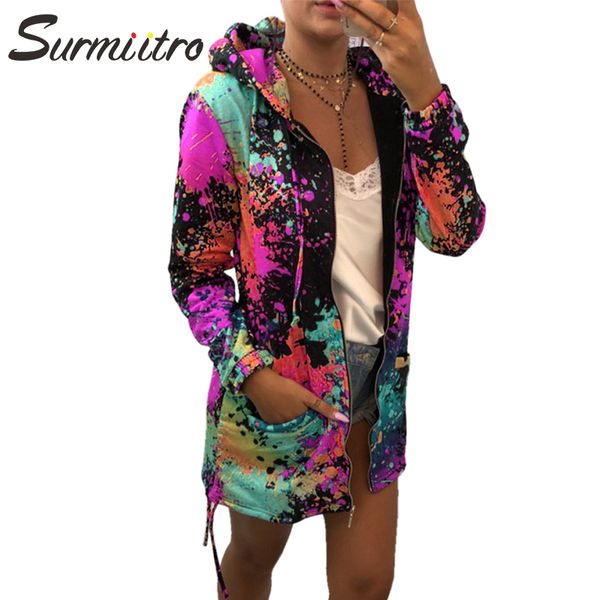

surmiitro spring women long jacket 2019 autumn long sleeve colorful print velvet hooded sweatshirt zipper hoodies coat female, Black