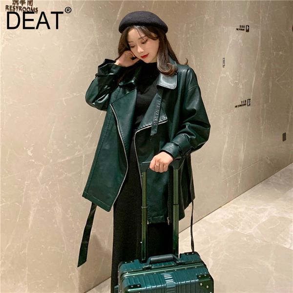 

deat] 2019 fashion trend pu leather jacket kosha full sleeve large size belt waist slim thin zipper woman coat a34, Black
