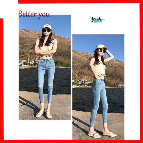 

2019 new thin section stretch straight women's hole nine points jeans, Blue