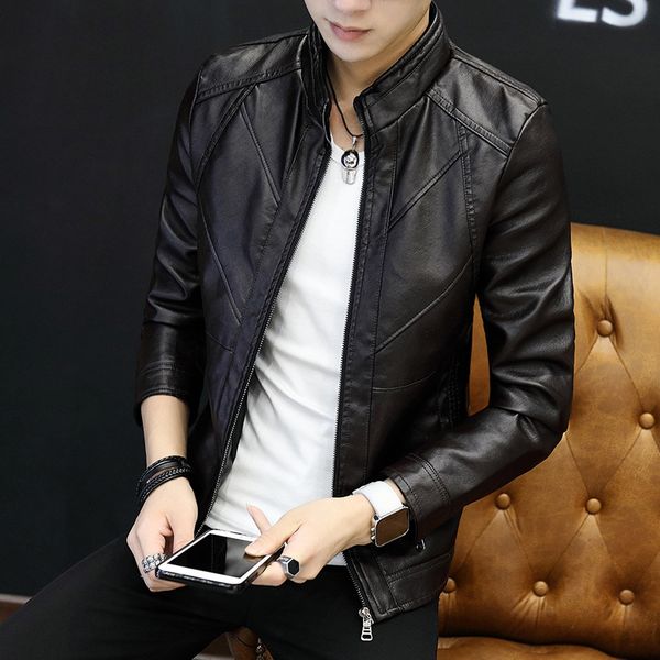 

leather coat men's coat korean-style slim fit 2018 spring and autumn new style youth men's wear trend handsome locomotive leathe, Black