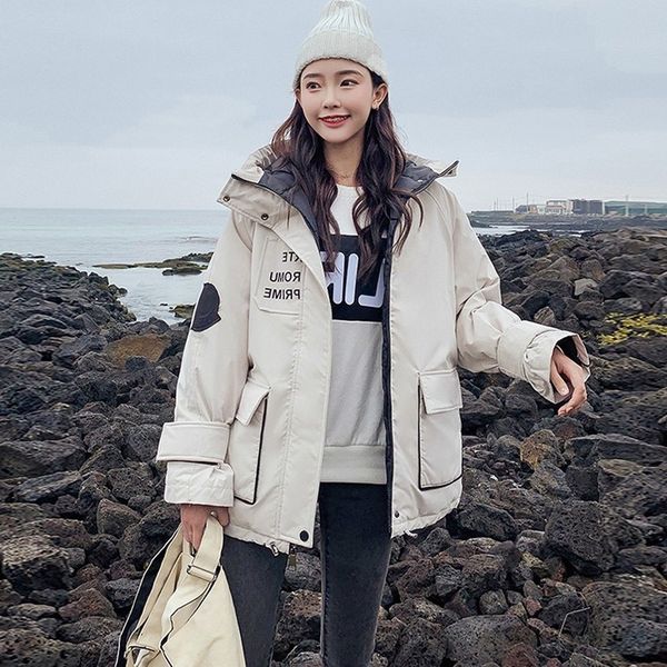 

female coat 2019 winter new letter print cotton-padded jacket parkas down jacket cold-proof coats and jackets women winter coat, Tan;black