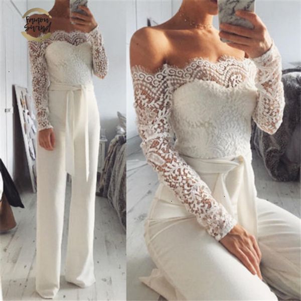 

off elegant shoulder lace rompers womens summer jumpsuit ladies casual long trousers overalls white jumpsuit, Black;white