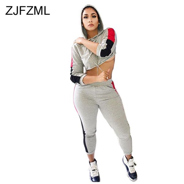 

color block spliced two piece outfits women sports long sleeve short high waist pant casual matching sets 2 piece sweatsuit, White