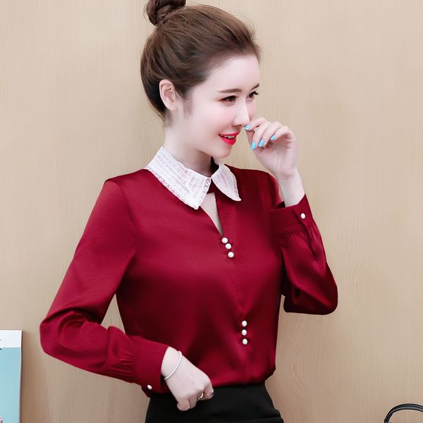 

корея шифон женщины блузки блузки весна бисероплетение офиса рубашки кофточки silk основывая верхние части женщин blusas рубашка, White