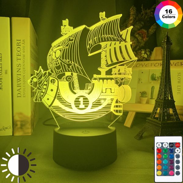 

anime one piece thousand sunny ship model kids night light for bedroom decor light cool gift for child study room table lamp 3d