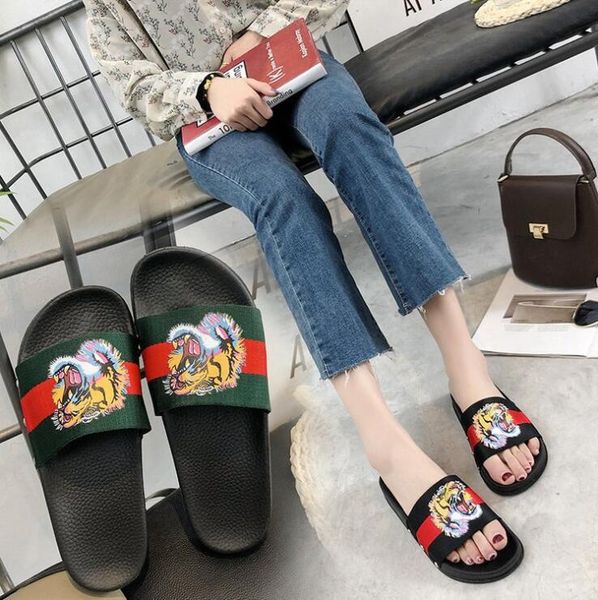 

women men's designer slippers sandals clip feet flip style tiger print slide sandal floral flip flops sandals ing, Black