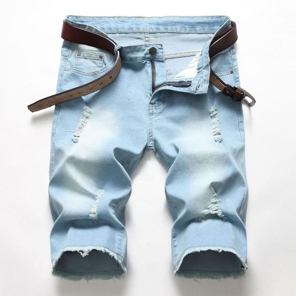 

men's jeans summer cowboy elastic force holes shorts edge grinding fashion stretch slim straight thin jean, Blue